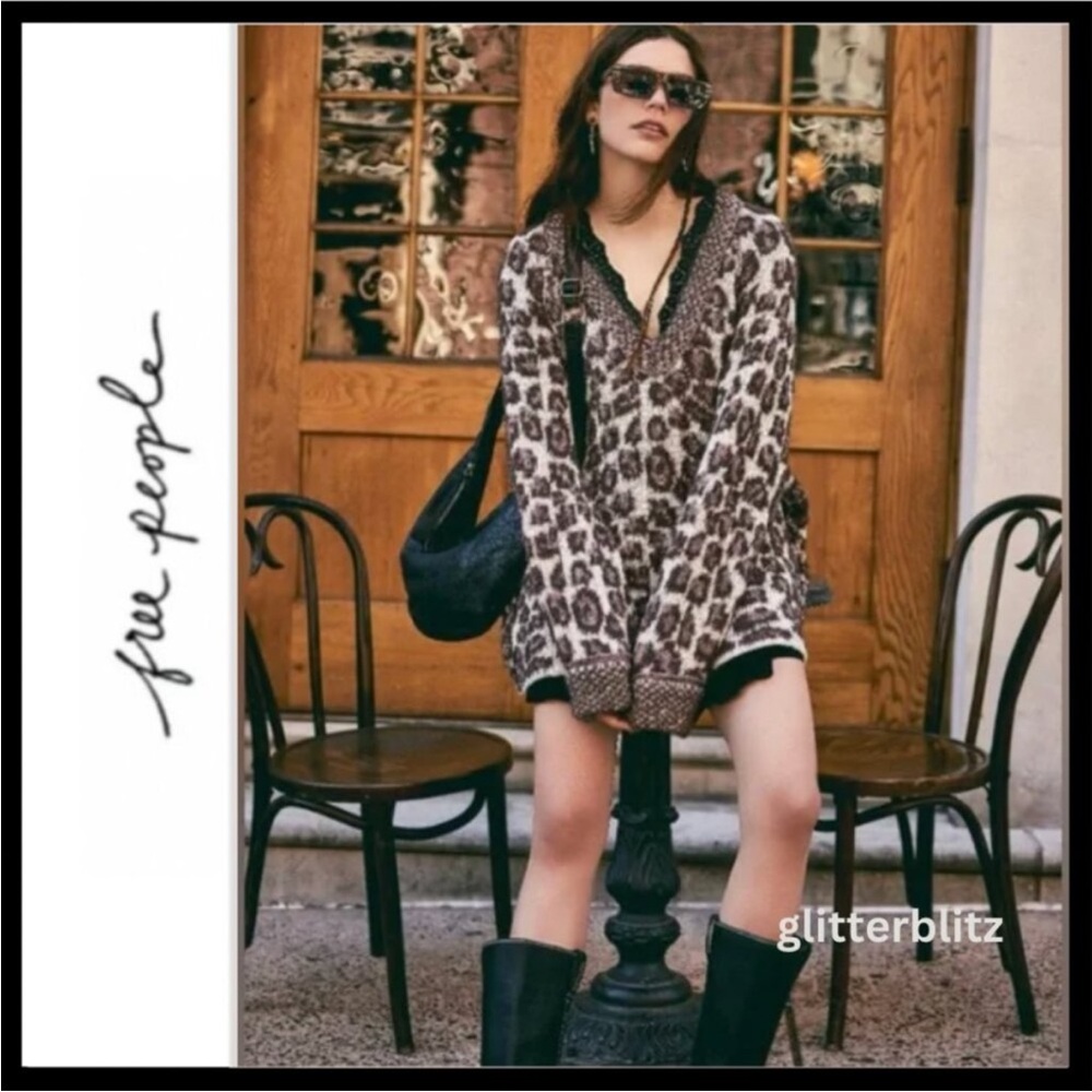 Free People Lovin Leopard V-Neck Oversized Cozy Sweater